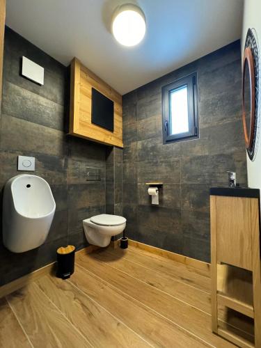 a bathroom with a toilet and a sink and a window at Chalet de montagne Sant Feliu Feliu à Dorres in Dorres