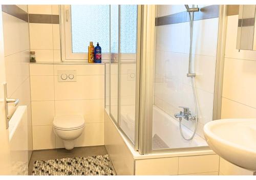 a bathroom with a shower and a toilet and a sink at Zentrale Wohnung mit Küche & 4 Betten in Oelde Stay Nest in Oelde