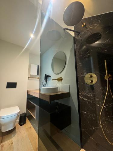 a bathroom with a sink and a toilet at Appartements confortables avec vue montagne Alpes Française - Queyras - Villa Belle Fleur in Château-Ville-Vieille