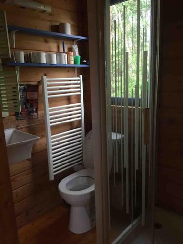 une salle de bain avec toilettes et lavabo dans l'établissement Jolie Roulotte tout confort, à Saint-Amand-les-Eaux