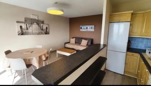 une cuisine et un salon avec une table et un canapé dans l'établissement Le phare de l'Authie, à Berck-sur-Mer