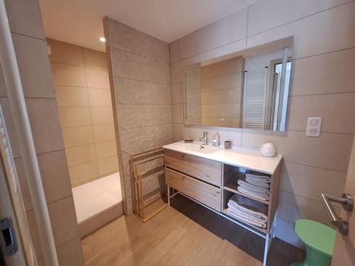une salle de bain avec un lavabo et une douche dans l'établissement Appartement T2 rez-de-villa, à Furiani