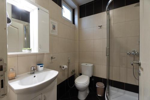 a bathroom with a toilet and a sink and a shower at Aleksei Apartmani in Belgrade