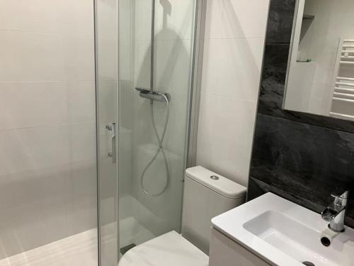 une salle de bain avec une douche, des toilettes et un lavabo dans l'établissement Appartement 2 pers hyper centre, à Le Touquet-Paris-Plage