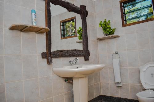 a bathroom with a sink and a toilet and a mirror at Jaffrane in Ukunda