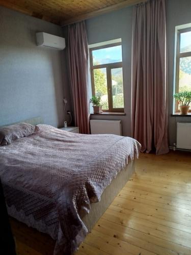 a bedroom with a bed and two windows at Gabala Dreams in Gabala