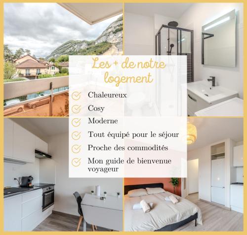 un collage de photos d'une salle de bains avec lavabo dans l'établissement Le Cosy Nest I Studio I Etrembières, à Étrembières