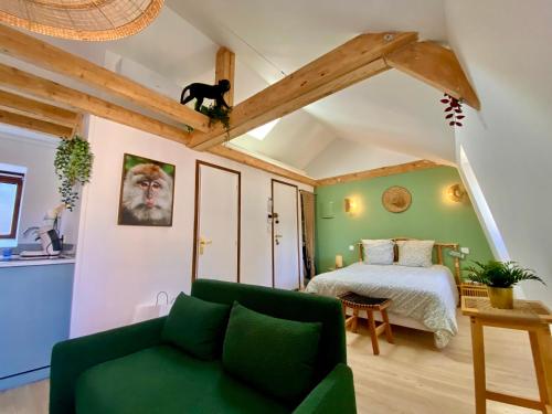 un salon avec un canapé vert et un lit dans l'établissement Maison De Charme - 2 Suites Deluxe - Brive Centre Historique, à Brive-la-Gaillarde