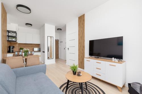 a living room with a couch and a tv at Nadmorski Apartament z Parkingiem by Rent like home in Sianozety