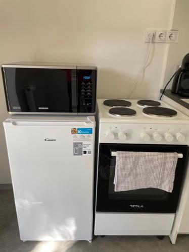 a microwave sitting on top of a stove next to a refrigerator at Kiss Vendégház 2-3 in Kaposvár