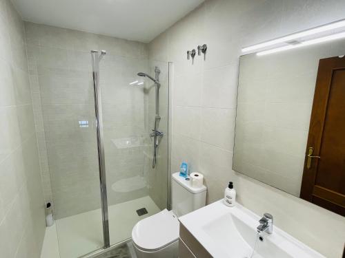 a bathroom with a shower and a toilet and a sink at Apartamento Conil Centro y Playa, descanso perfecto, con aire acondicionado y WIFI in Conil de la Frontera