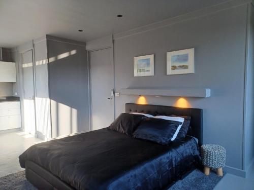 a bedroom with a large bed with blue walls at B & B Fish World in Vlissingen