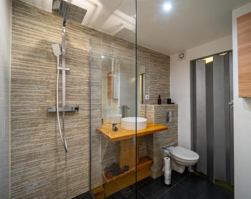 une salle de bain avec une douche, un lavabo et des toilettes dans l'établissement Le Nid - Spacieux, tout équipé & Climatisation, à Montpellier