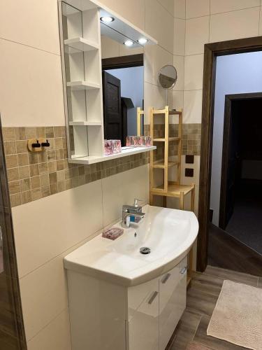 a bathroom with a white sink and a mirror at Apartmán 27 Krkonoše - Ubytování v Krkonoších se saunou in Trutnov