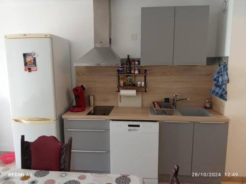 une petite cuisine avec un évier et un réfrigérateur dans l'établissement Proche du centre ville, à Aigues-Mortes