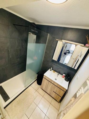 - une vue de tête sur une salle de bains pourvue d'un lavabo et d'une douche dans l'établissement Appartement, à Millau