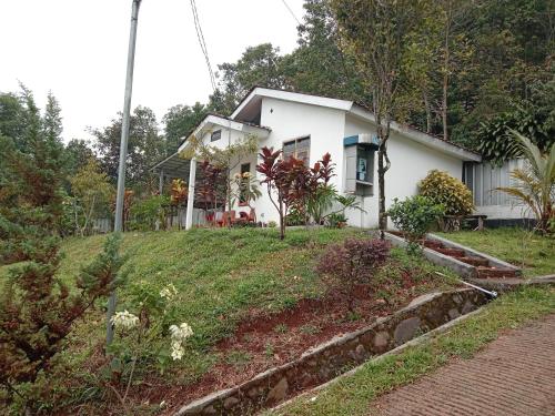 a white house on a hill with a garden at Kebun Teduh Sukaharja Cijeruk Bogor in Palasari