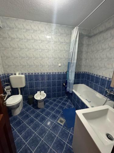 a blue tiled bathroom with a toilet and a sink at Apartman Vidić 2 in Požega