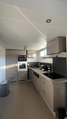 une grande cuisine avec des armoires et des appareils blancs dans l'établissement Studio aux pieds des vignes, à Eguisheim