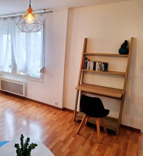 un salon avec une étagère et une chaise dans l'établissement Le Fatsia - Rennes Gare T2, à Rennes