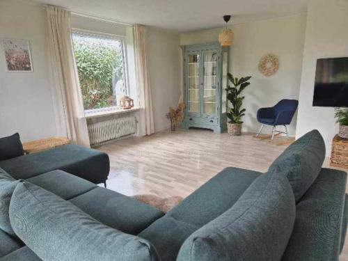 a living room with a blue couch and a tv at Apartment in Denmark - Hygge Villa in Otterup