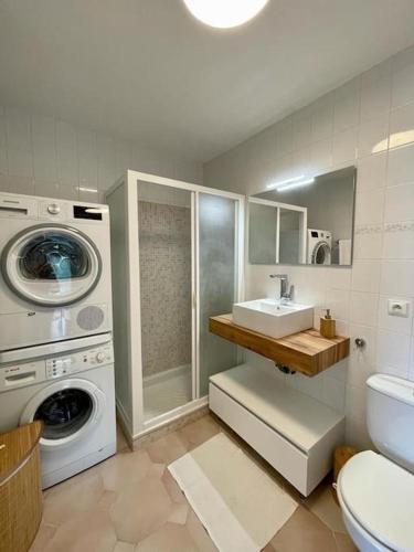 une salle de bain avec un lavabo et une machine à laver dans l'établissement Duplex vue mer piscine privative, à Mandelieu-la-Napoule