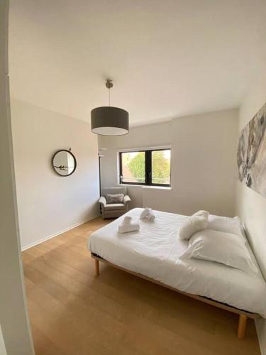 une chambre blanche avec un lit et une fenêtre dans l'établissement Les Murmures des Toits - Hypercentre - garage privé, à Colmar