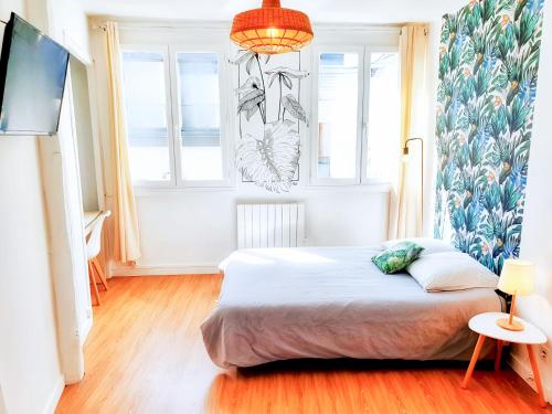 une chambre avec un lit, une télévision et des fenêtres dans l'établissement Appart Rouen Centre, à Rouen