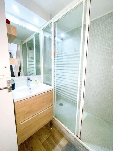 une salle de bain avec une douche en verre et un lavabo dans l'établissement Charmante petite maison avec jardin, à Saint-Cézaire-sur-Siagne