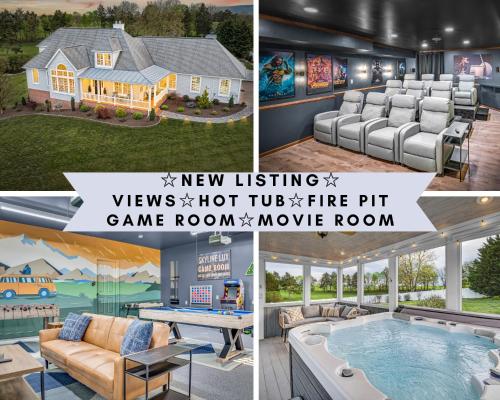 a collage of pictures of a home with a pool and a movie room at Amazing House - Movie & Game Room, Hot Tub, Fire Pit & Golf Course in Luray