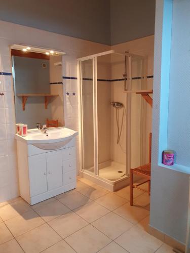 une salle de bain avec un lavabo et une douche dans l'établissement Appartement proche du lac ,piscine ouverte de mars a octobre, à Thonon-les-Bains