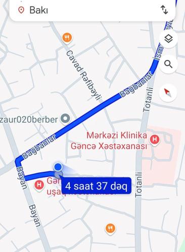 a screenshot of a google map with a blue line at Kuki house in Ganja