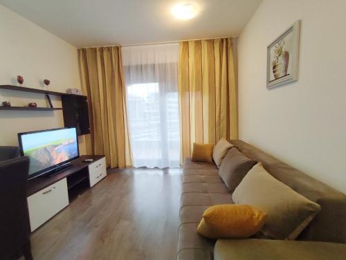 a living room with a couch and a flat screen tv at Apartment Adrialux in Budva