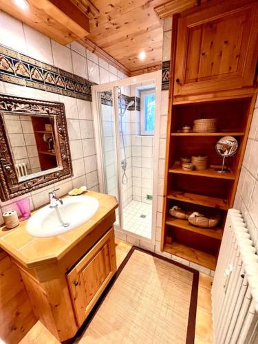 une salle de bain avec un lavabo et une douche dans l'établissement Très bel appartement à Megève, à Megève