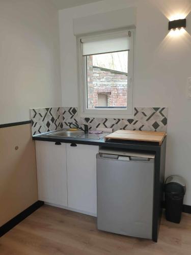 a kitchen with a counter with a sink and a window at Le Moole Veld in Steenbecque