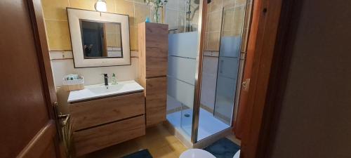 a bathroom with a sink and a shower at L'étoile du matin in Terville