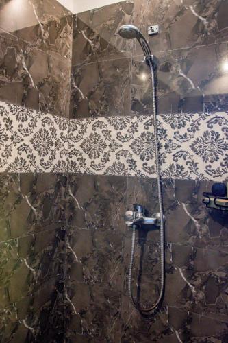 a shower in a bathroom with a stone wall at Nilaya Penthouse, 3BHK Luxury by Coastal in Roches Noires