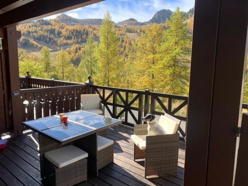 a cat sitting on a deck with a table and chairs at Isola 2000 appartement dans Chalet 4 ou 6 personnes grande terrasse in Isola 2000