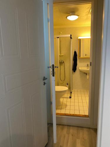 un baño con ducha y WC en Vindmølle, en Stavanger