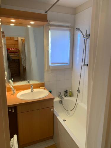 une salle de bain avec un lavabo et une baignoire dans l'établissement Isola 2000 appartement dans Chalet 4 ou 6 personnes grande terrasse, à Isola 2000