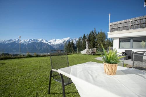 a table with a chair and a plant on a field at Alpenrelax Krepperhütte in Volders