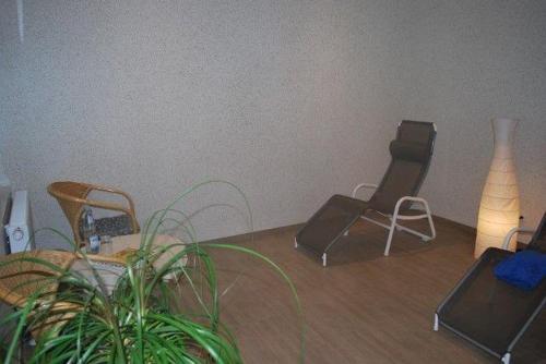 una stanza con due sedie e un tavolo e una pianta di Feriewohnung-Schrotkammer a Klausdorf