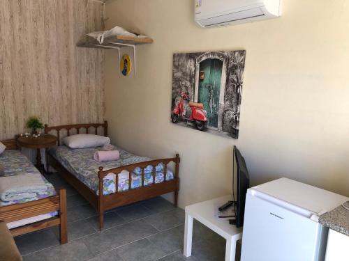 a small room with two beds and a tv at Converted Shed Studio & Garden Hanging Bed in Porto Rafti