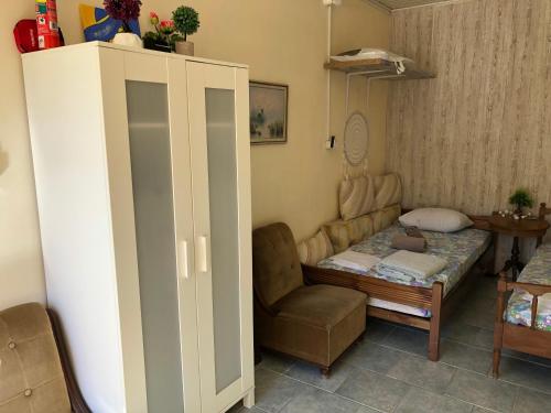 a living room with a couch and a chair at Converted Shed Studio & Garden Hanging Bed in Porto Rafti