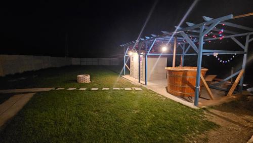 a lit up yard at night with a barrel and lights at Casa de la Dunăre-Dăeni in Dăeni