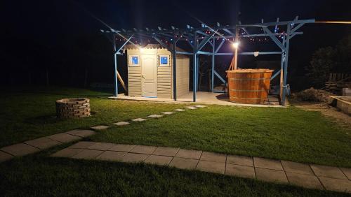 a outhouse in a yard at night at Casa de la Dunăre-Dăeni in Dăeni