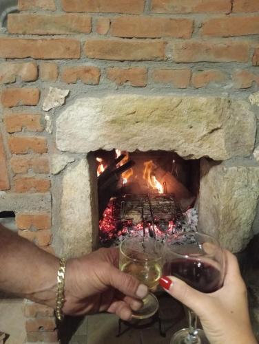 a person holding a glass of wine in front of a fireplace at Мехса in Svetoslav
