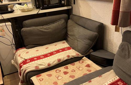 - un canapé avec deux oreillers dans l'établissement Le Chamois, à Lélex