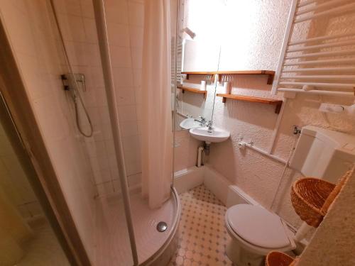une salle de bain avec une douche, des toilettes et un lavabo dans l'établissement Charmant duplex 6 pers. au pied des pistes avec balcon et mezzanine - Les Menuires - FR-1-452-119, aux Menuires