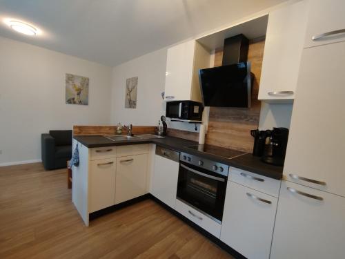 a kitchen with a sink and a counter top at Ferienwohnung LandZeit 1 in Schömberg